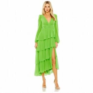 MAC DUGGAL GREEN APPLE RUFFLE TIERED LONG SLEEVE DRESS size 16 NWOT